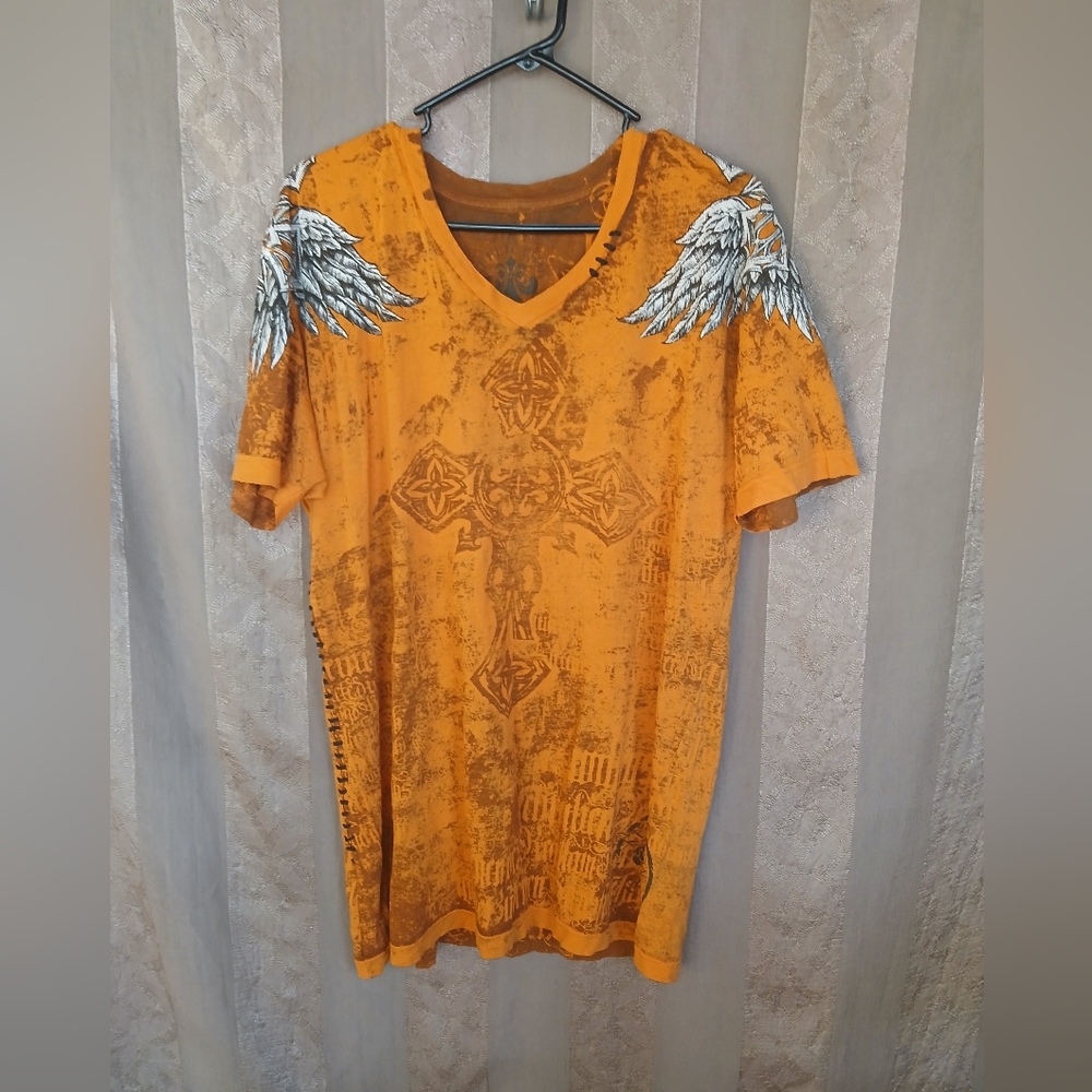 💎 Affliction Men's Top Orange Graphic Angel Wing Shirt Retro Y2K #0004
